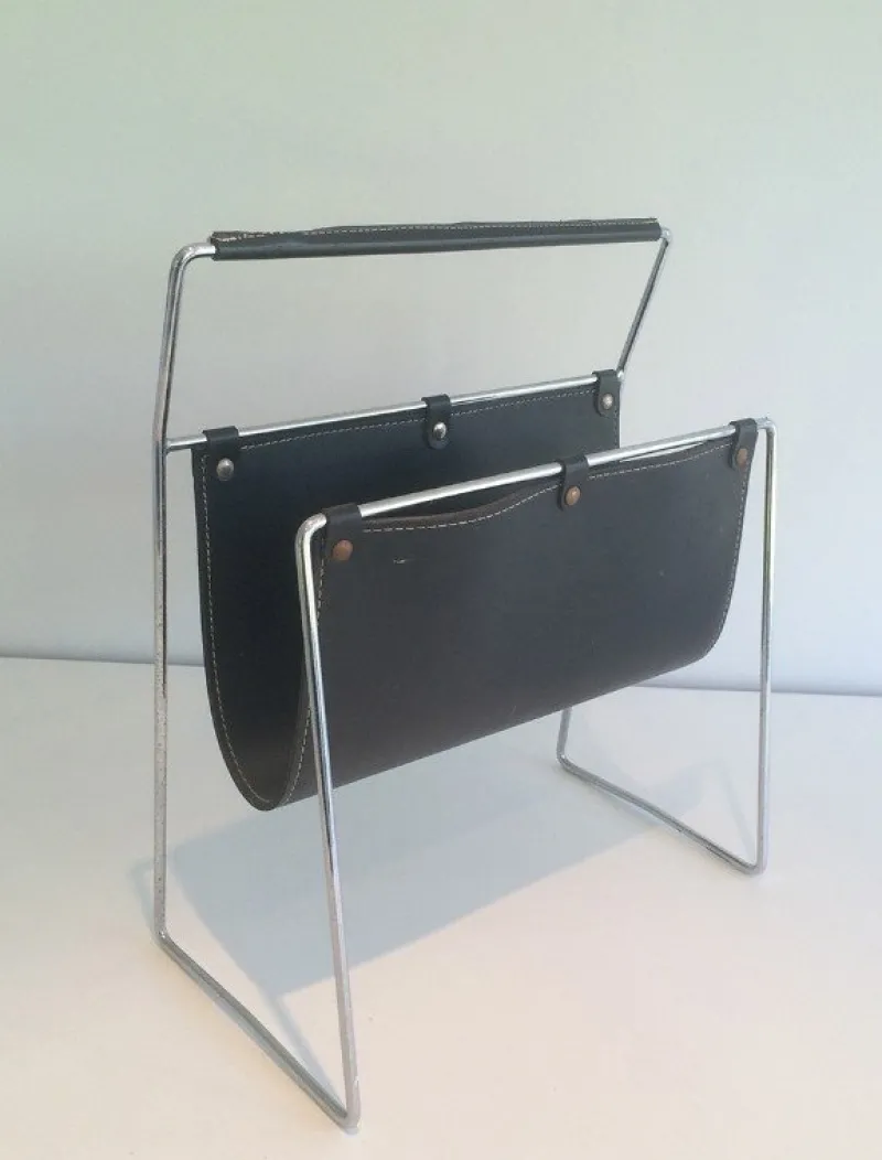 Pamono Black Leather & Chrome Magazine Rack, 1970s> Magazine Racks