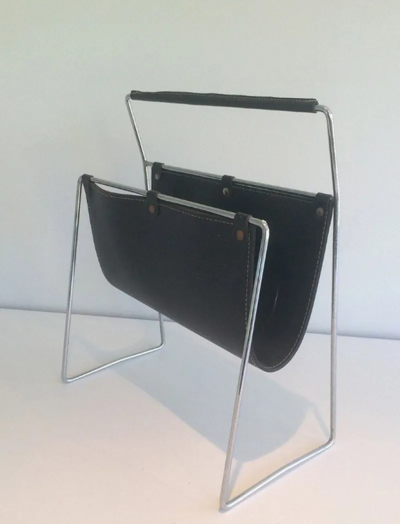 Pamono Black Leather & Chrome Magazine Rack, 1970s> Magazine Racks
