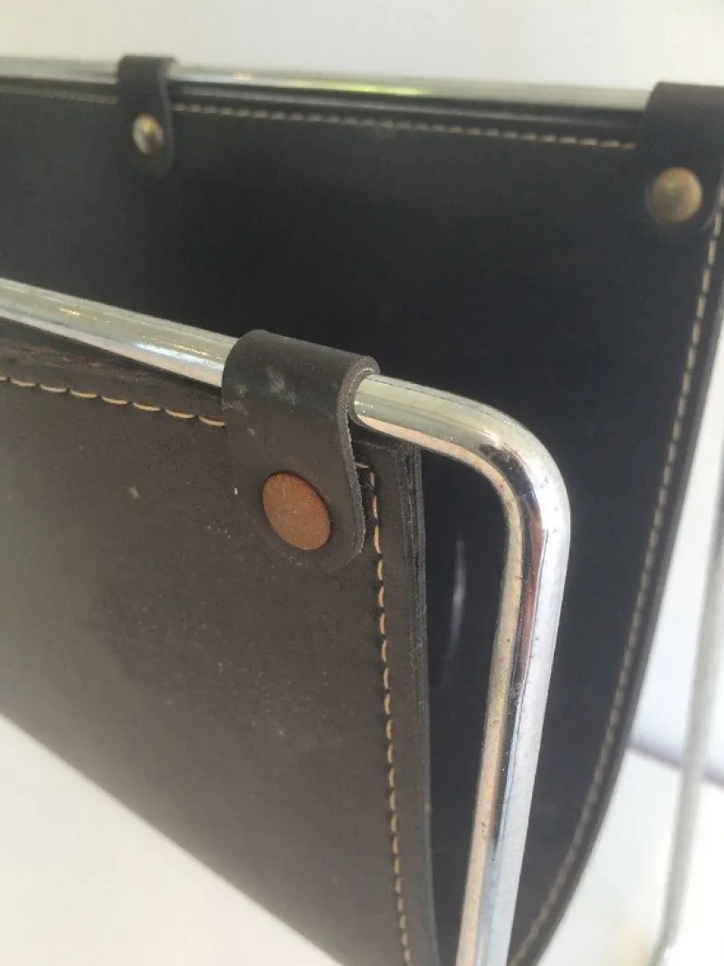 Pamono Black Leather & Chrome Magazine Rack, 1970s> Magazine Racks
