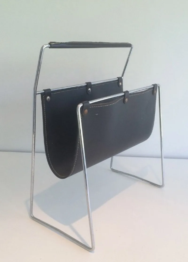 Pamono Black Leather & Chrome Magazine Rack, 1970s> Magazine Racks