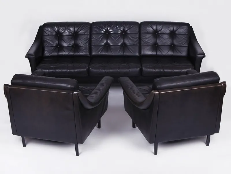 Hot Pamono Black Leather Sofa and 2 Armchairs, Germany, 1960s, Set of 3