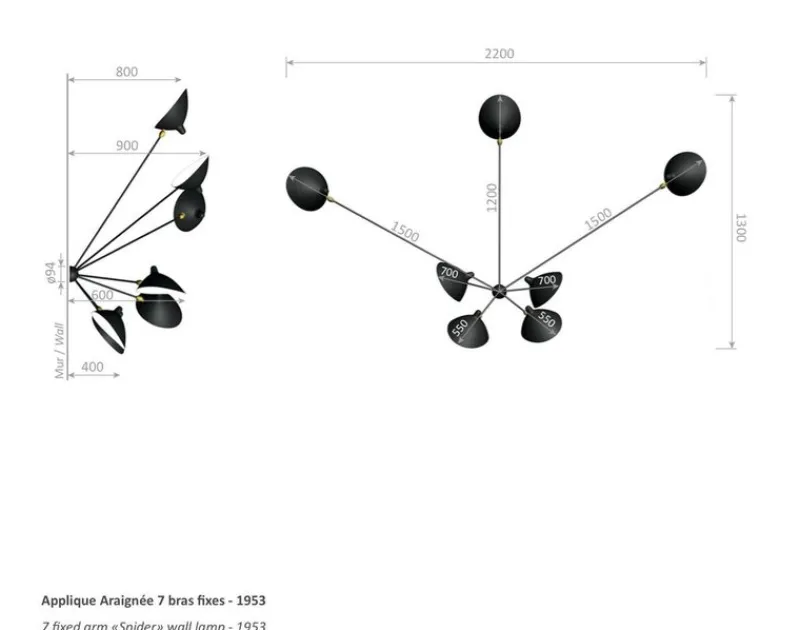 Pamono Black Seven Fixed Arms Spider Wall Lamp by Serge Mouille> Wall Lights & Sconces