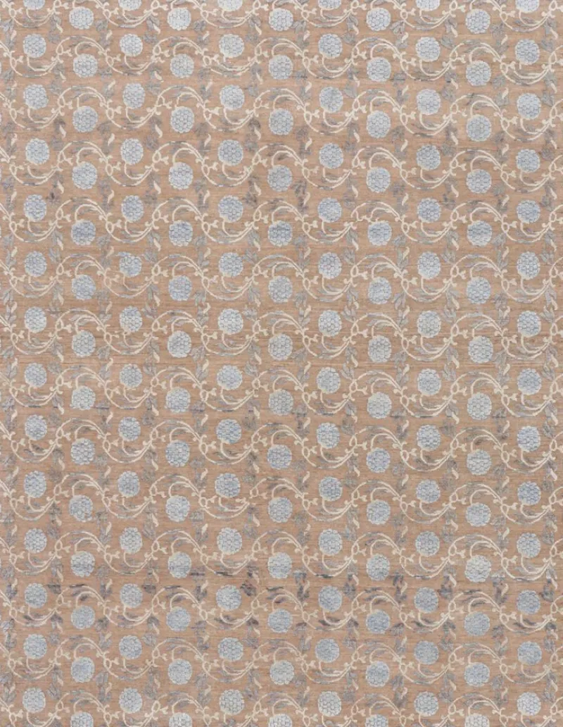 Pamono Block Print Rug in Brown with Blue Floral Patterns from R&K Principal Jahanshah Nazmiyal> Carpets & Textiles|Carpets & Textiles