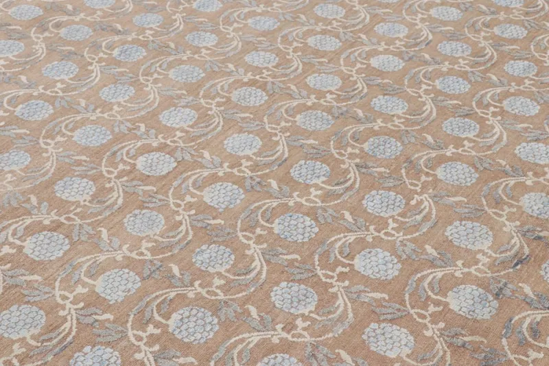 Pamono Block Print Rug in Brown with Blue Floral Patterns from R&K Principal Jahanshah Nazmiyal> Carpets & Textiles|Carpets & Textiles