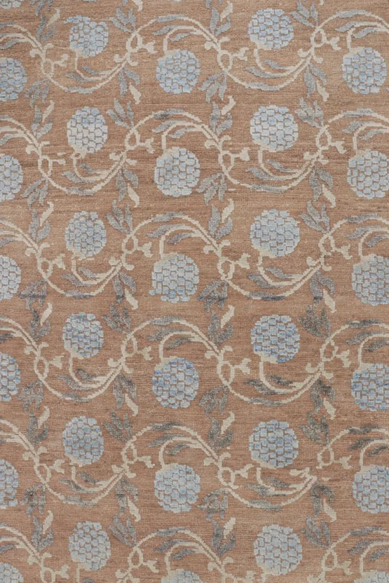 Pamono Block Print Rug in Brown with Blue Floral Patterns from R&K Principal Jahanshah Nazmiyal> Carpets & Textiles|Carpets & Textiles