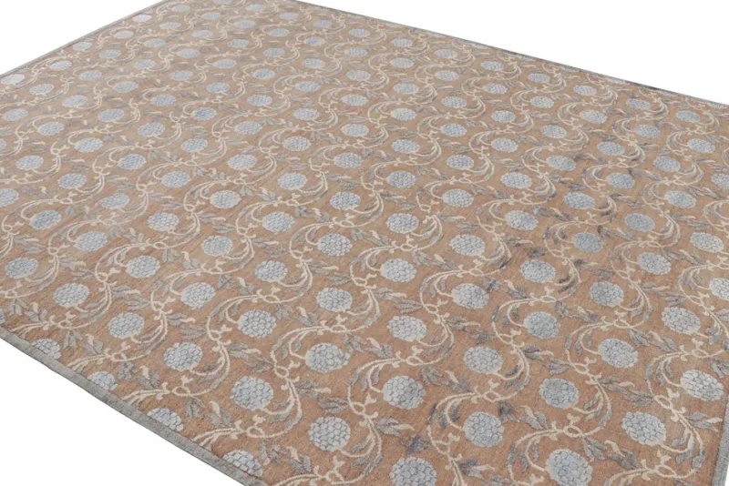 Pamono Block Print Rug in Brown with Blue Floral Patterns from R&K Principal Jahanshah Nazmiyal> Carpets & Textiles|Carpets & Textiles