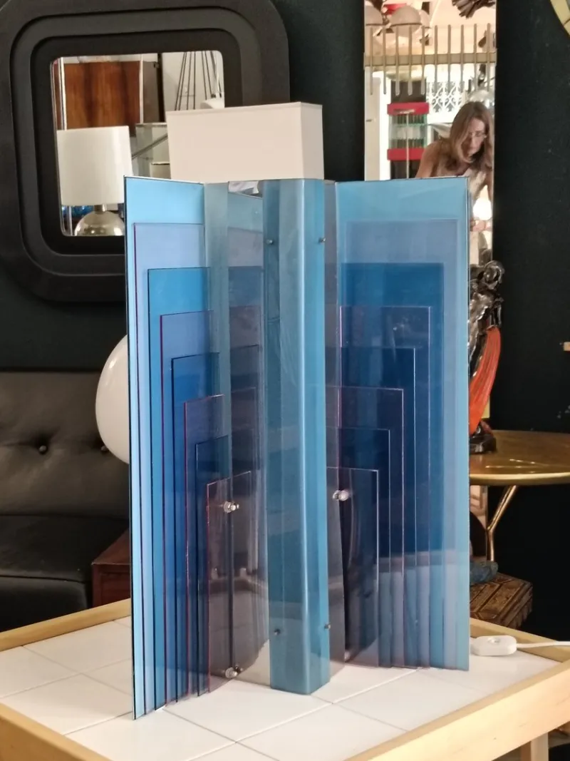 Pamono Blue Acrylic Glass Skyline Table Lamp from New Lamp, Italy, 1970s> Table Lamps