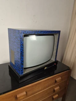 Pamono Blue and Black Laminate Television by Ettore Sottsass for Brionvega, 1980s><noscript><img width=