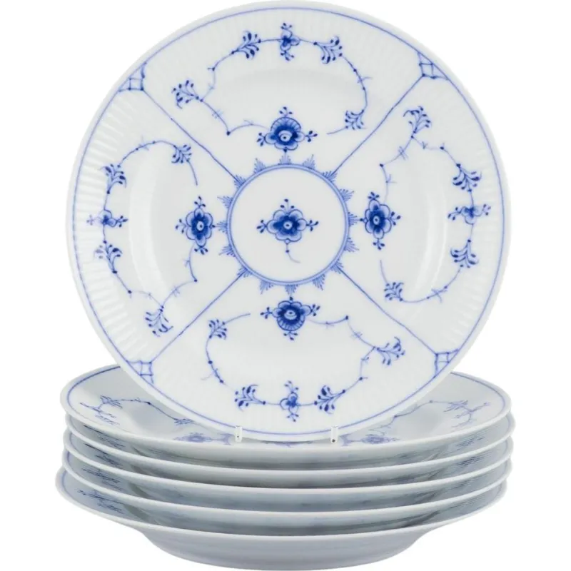 Pamono Blue Fluted Plain in Porcelain from Royal Copenhagen, 1938, Set of 6> Dinner Plates & Bowls