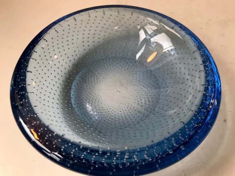 New Pamono Blue Murano Glass Dish with Air Bubbles from Seguso, 1950s