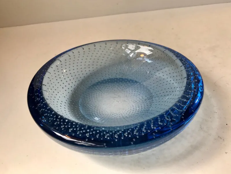 New Pamono Blue Murano Glass Dish with Air Bubbles from Seguso, 1950s