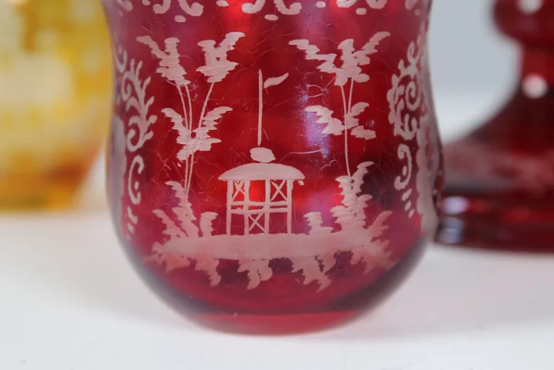 Pamono Bohemian Crystal Glass Set in Ruby Red and Yellow, 1880s, Set of 3> Glassware