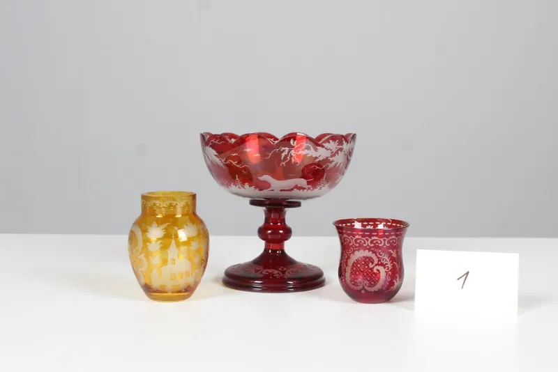Pamono Bohemian Crystal Glass Set in Ruby Red and Yellow, 1880s, Set of 3> Glassware