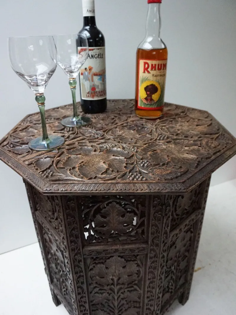Pamono Bohemian Eastern Anglo-Indian Hand Carved Wooden Octagonal Side Table, 1900s> Coffee & Side Tables