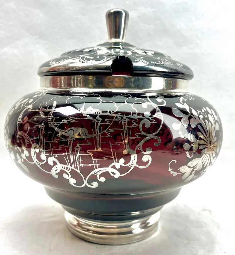 Online Pamono Bohemian Silver Edging Hand-Crafted Glass Punch Bowl with Lid, 1900s