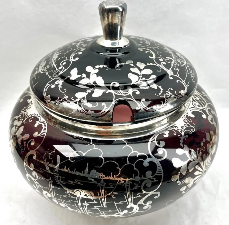 Online Pamono Bohemian Silver Edging Hand-Crafted Glass Punch Bowl with Lid, 1900s
