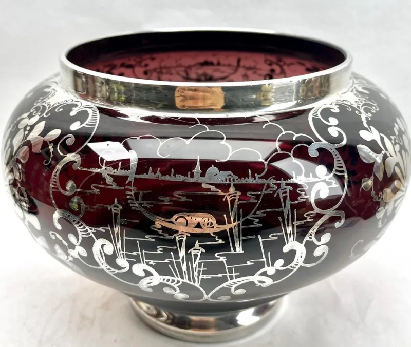 Online Pamono Bohemian Silver Edging Hand-Crafted Glass Punch Bowl with Lid, 1900s