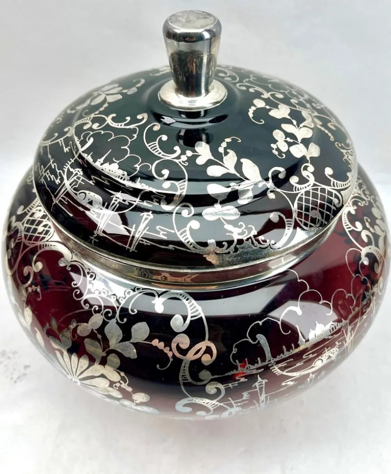 Online Pamono Bohemian Silver Edging Hand-Crafted Glass Punch Bowl with Lid, 1900s