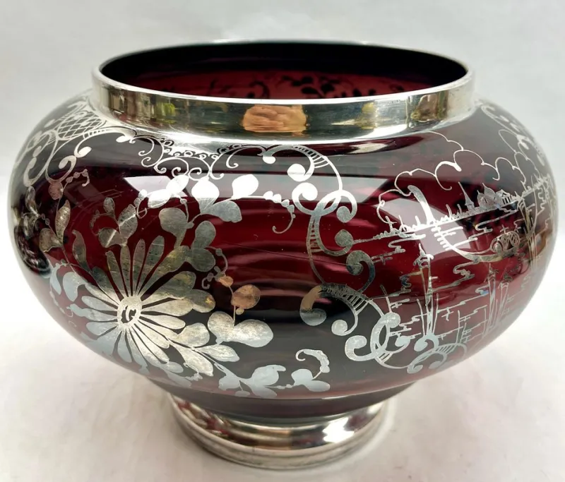 Online Pamono Bohemian Silver Edging Hand-Crafted Glass Punch Bowl with Lid, 1900s