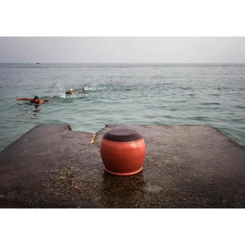 Online Pamono Bombo 3 Coffee Table and Stool in Enamelled Stoneware and Leather by Oscar Maschera