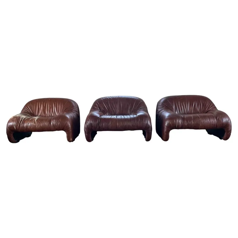 Pamono Bonanza Armchairs in Brown Leather by Tobia & Afra Scarpa for C & B Italia, 1970s, Set of 3> Living Room Sets