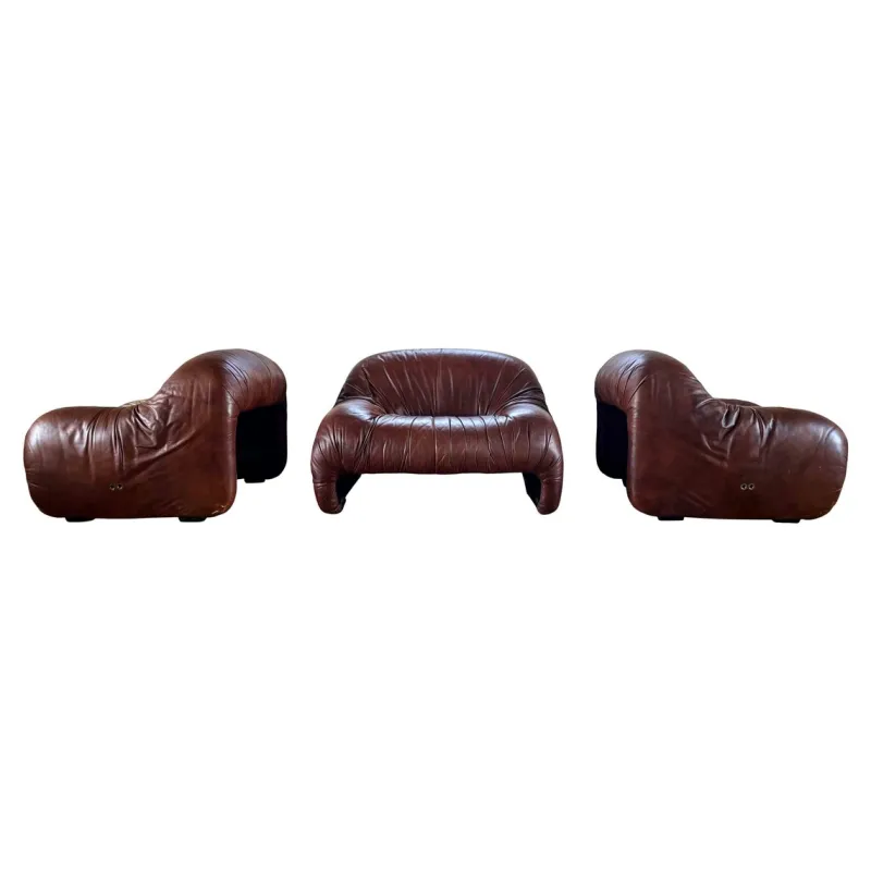 Pamono Bonanza Armchairs in Brown Leather by Tobia & Afra Scarpa for C & B Italia, 1970s, Set of 3> Living Room Sets