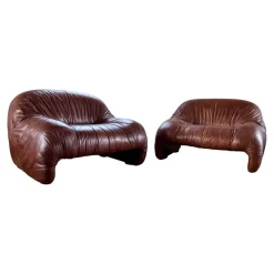 Pamono Bonanza Armchairs in Brown Leather by Tobia & Afra Scarpa for C & B Italia, 1970s, Set of 3><noscript><img width=