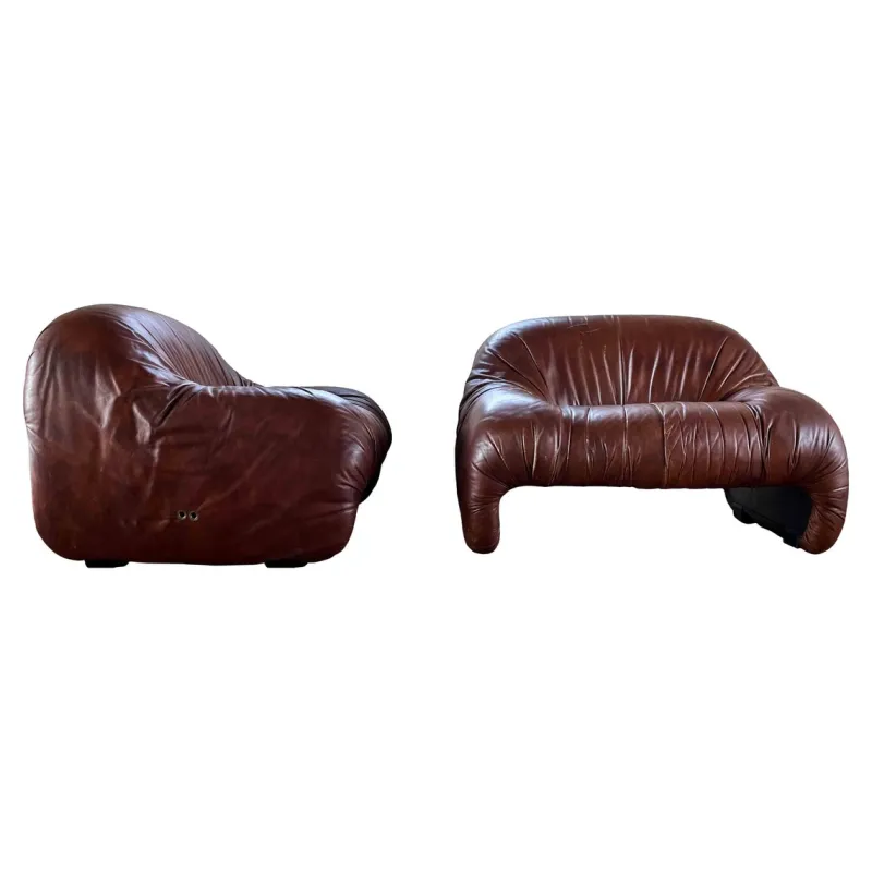 Pamono Bonanza Armchairs in Brown Leather by Tobia & Afra Scarpa for C & B Italia, 1970s, Set of 3> Living Room Sets