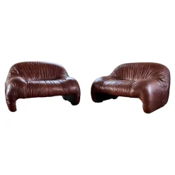 Pamono Bonanza Armchairs in Brown Leather by Tobia & Afra Scarpa for C & B Italia, 1970s, Set of 3><noscript><img width=