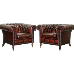 New Pamono Bordeaux Leather Chesterfield Club Sofa & Armchairs on Turned Legs, Set of 3