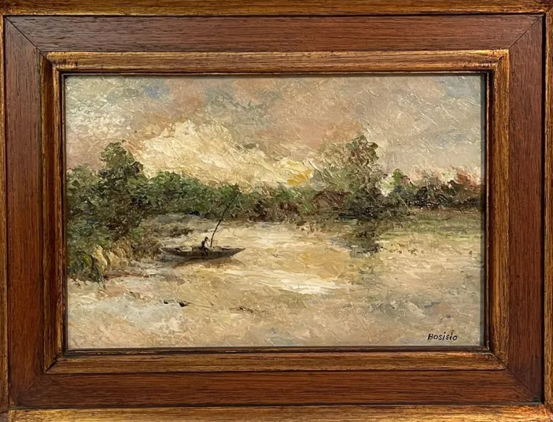 Pamono Bosisio, Lake Landscape with Boat, 20th Century, Oil Painting on Panel, Framed> Painting