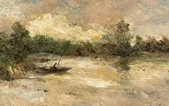 Pamono Bosisio, Lake Landscape with Boat, 20th Century, Oil Painting on Panel, Framed><noscript><img width=
