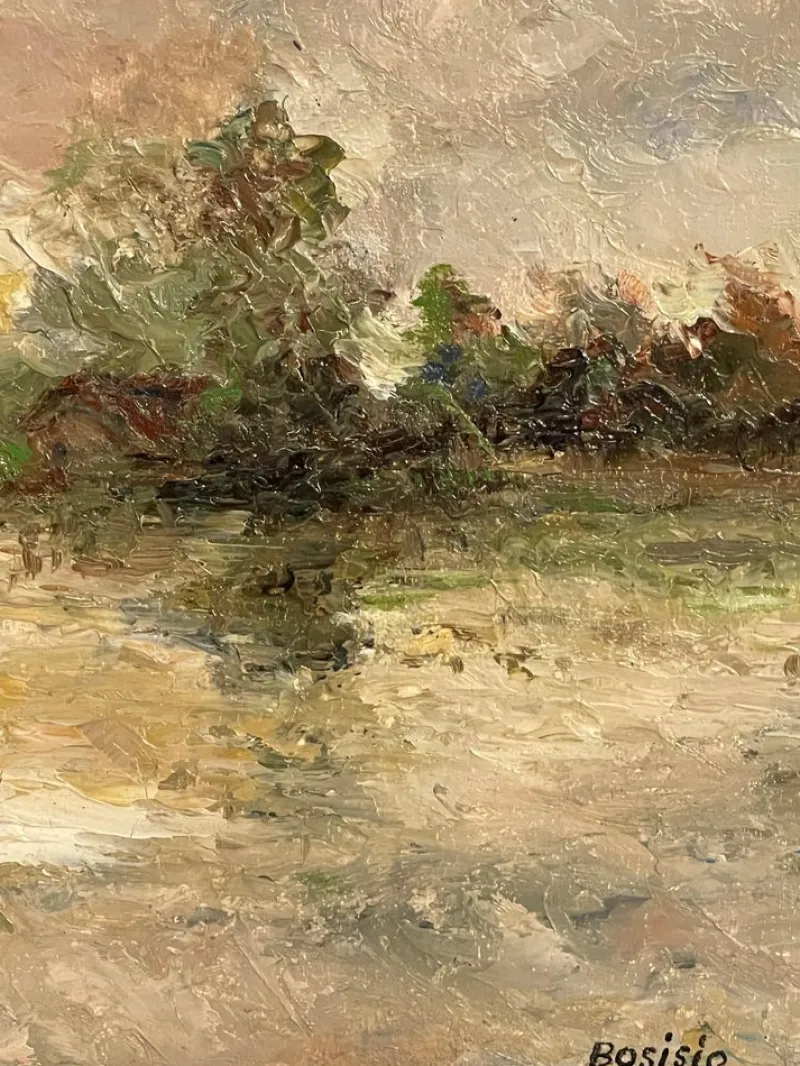 Pamono Bosisio, Lake Landscape with Boat, 20th Century, Oil Painting on Panel, Framed> Painting