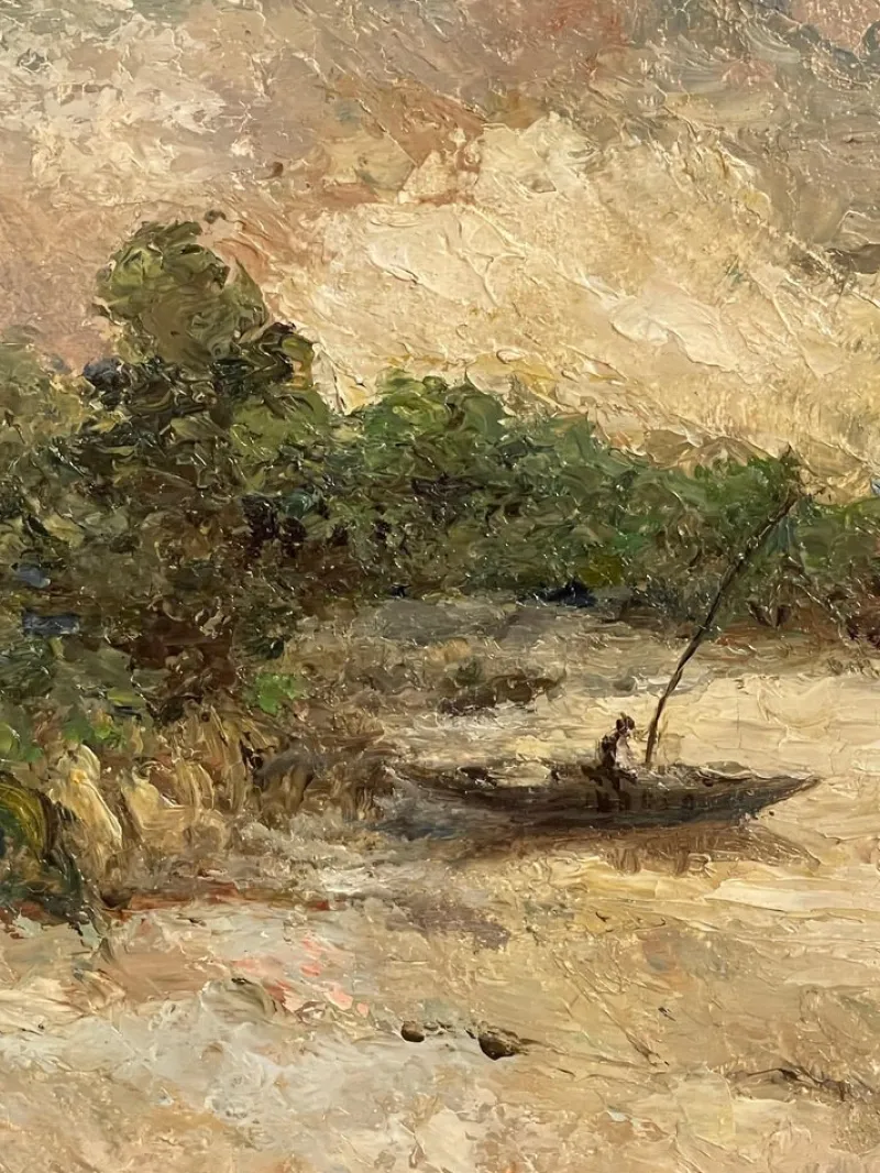 Pamono Bosisio, Lake Landscape with Boat, 20th Century, Oil Painting on Panel, Framed> Painting