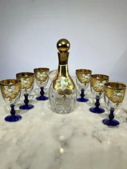 Pamono Bottle and Glasses in Hand-Painted Murano Glass & 24kt Gold, Italy, 1970s, Set of 7> Glassware