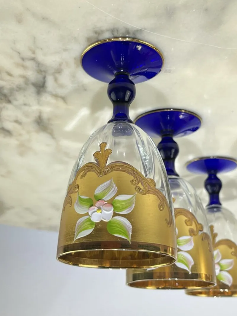 Pamono Bottle and Glasses in Hand-Painted Murano Glass & 24kt Gold, Italy, 1970s, Set of 7> Glassware