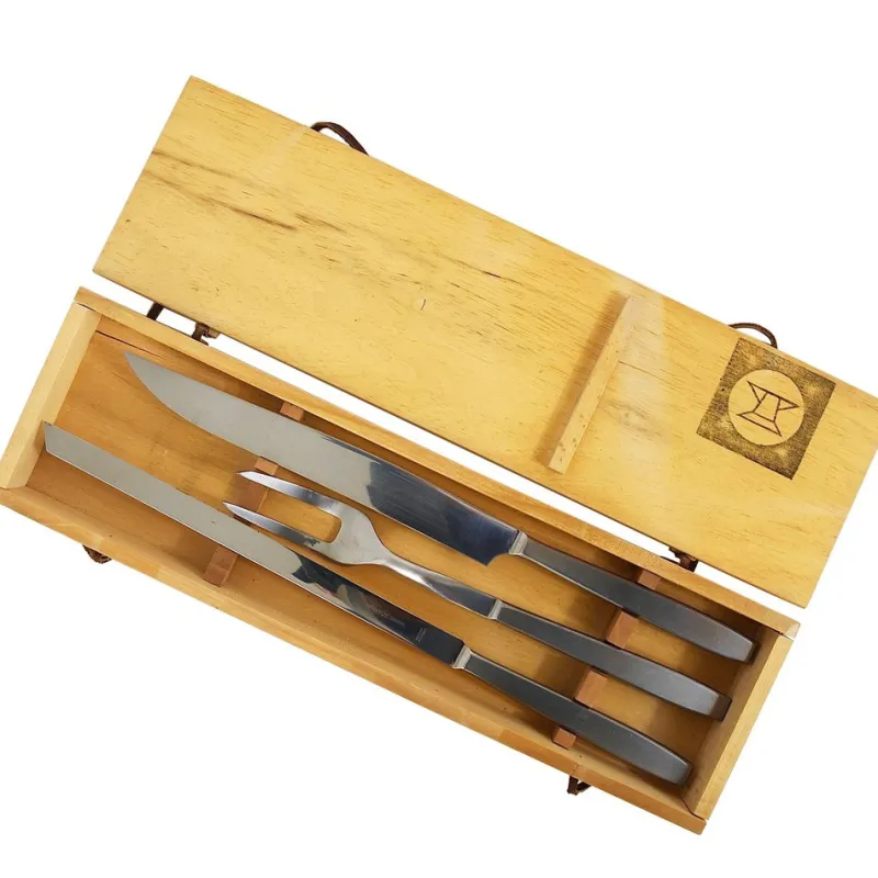 Pamono Boxed Amboss 2050 Carving Knives and Fork attributed to Helmut Alder, Austria, 1950s, Set of 3> Cutlery & Serving Utensils
