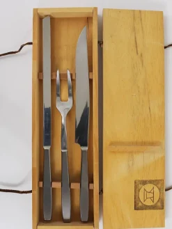 Pamono Boxed Amboss 2050 Carving Knives and Fork attributed to Helmut Alder, Austria, 1950s, Set of 3> Cutlery & Serving Utensils