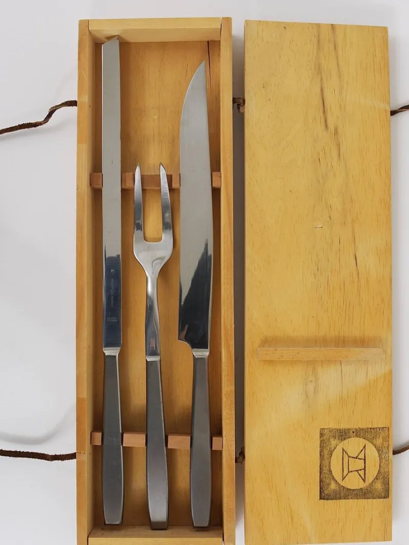 Pamono Boxed Amboss 2050 Carving Knives and Fork attributed to Helmut Alder, Austria, 1950s, Set of 3> Cutlery & Serving Utensils