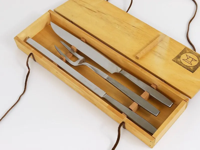 Pamono Boxed Amboss 2050 Carving Knives and Fork attributed to Helmut Alder, Austria, 1950s, Set of 3> Cutlery & Serving Utensils