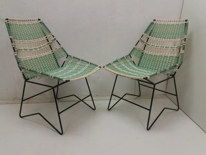 Pamono Braided Armchairs & Vertex Table, Czechoslovakia, 1960, Set of 3> Garden Tables