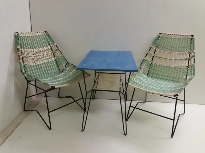 Pamono Braided Armchairs & Vertex Table, Czechoslovakia, 1960, Set of 3> Garden Tables