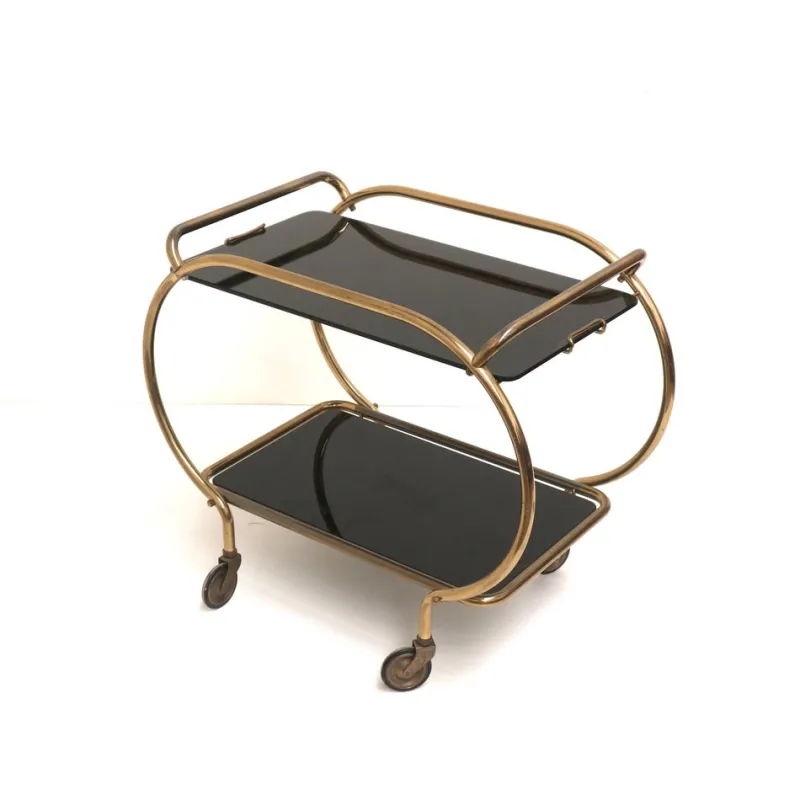 Pamono Brass and Black Glass Bar Cart by Grünstadt, 1970s> Serving Bar Carts & Trolleys