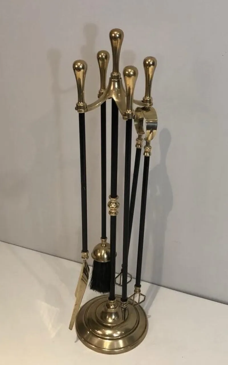 Pamono Brass and Black Lacquered Fireplace Tools on Stand, France, 1970s> Fireplaces And Mantels