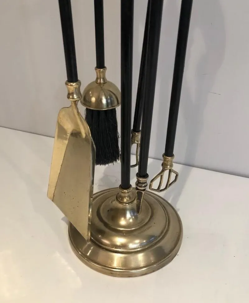 Pamono Brass and Black Lacquered Fireplace Tools on Stand, France, 1970s> Fireplaces And Mantels