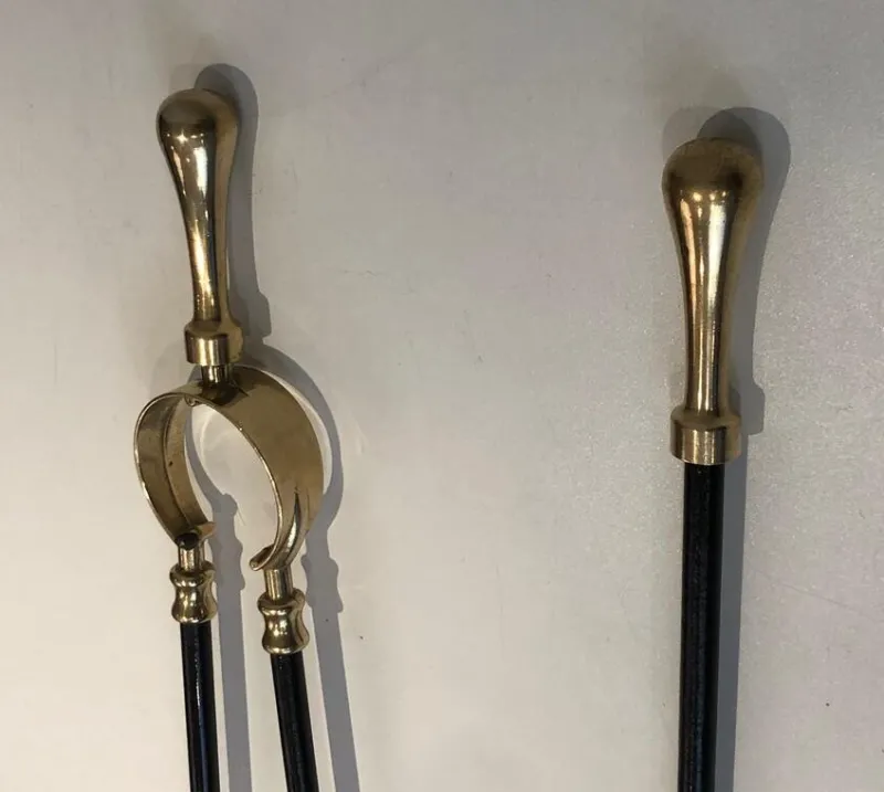 Pamono Brass and Black Lacquered Fireplace Tools on Stand, France, 1970s> Fireplaces And Mantels