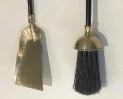 Pamono Brass and Black Lacquered Fireplace Tools on Stand, France, 1970s><noscript><img width=
