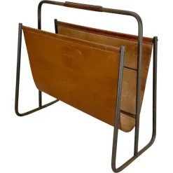 Pamono Brass and Brown Leather Magazine Holder attributed to Carl Auböck, Austria, 1950s> Magazine Racks