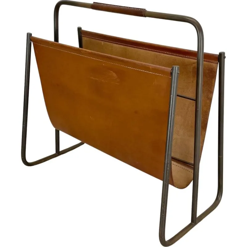 Pamono Brass and Brown Leather Magazine Holder attributed to Carl Auböck, Austria, 1950s> Magazine Racks
