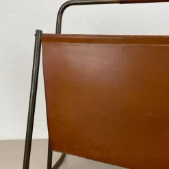 Pamono Brass and Brown Leather Magazine Holder attributed to Carl Auböck, Austria, 1950s> Magazine Racks
